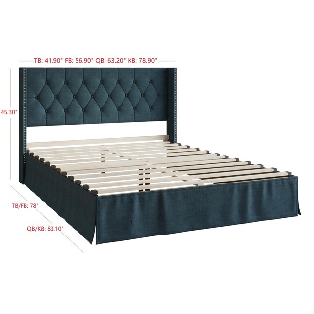 Lit Plateforme Rembourré Capitonné Billy Bleu Denim - Simple