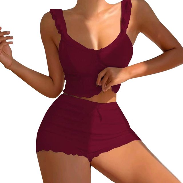 Women's Summer Short Set 2 Piece Sexy Ruffle Crop Camisole Babydoll Tops and Boxer Shorts Set