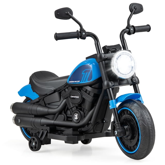 Costway Moto Électrique 6 V pour Enfants avec Roues Stabilisatrices Bleues, avec Phares DEL, Tuyaux d'Échappement Simulés et Pneus à Vis. Ce Jouet à Chevaucher pour Enfants de 18 Mois et Plus Comprend une Planche Musicale, des Roues Stabilisatrices Amovibles et une Pédale d'Accélérateur Réaliste pour une Conduite immersive. Propulsée par une Pile et un Moteur 6 V, Elle Offre des Vitesses de 1 à 1,6 Mi/h et s'Adapte à Divers types de Route. Certifiée CPSIA pour la Sécurité et Convient comme Vélo Électrique