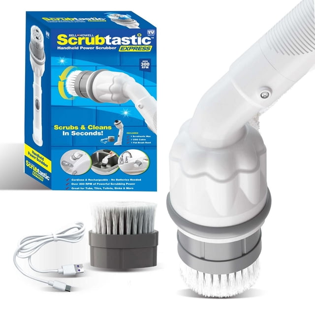 Bell + Howell Scrubtastic Express White Rechargeable Handheld Power Scrubber with flat brush head and USB charging cable, featuring over 300 RPM cordless scrubbing power for bathroom and kitchen surfaces, ideal for tubs, tiles, sinks, and toilets.