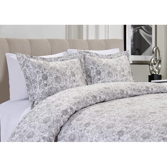 Mocassi 3-Piece Duvet Set, Paisley Design, Comforter Cover with Corner Ties & Button Closure, King/California King, Gray