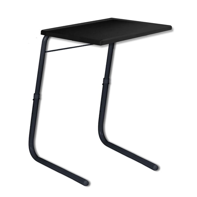 Tablemate II Black Portable Table with adjustable black metal legs and rectangular black tabletop, designed for indoor and outdoor use as a portable TV tray or snack table, shown in a front 3/4 view on a white background.