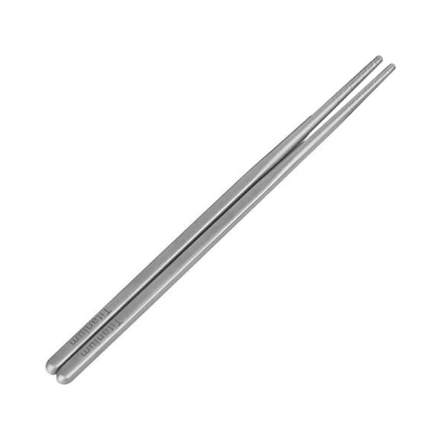 Pure titanium chopsticks with a sleek, hollow design, shown in a close-up view. These lightweight and durable chopsticks are ideal for home dining or outdoor camping. Measuring 195mm or 230mm in length, they are eco-friendly, reusable, and easy to clean, making them suitable for eating sushi, noodles, or rice.