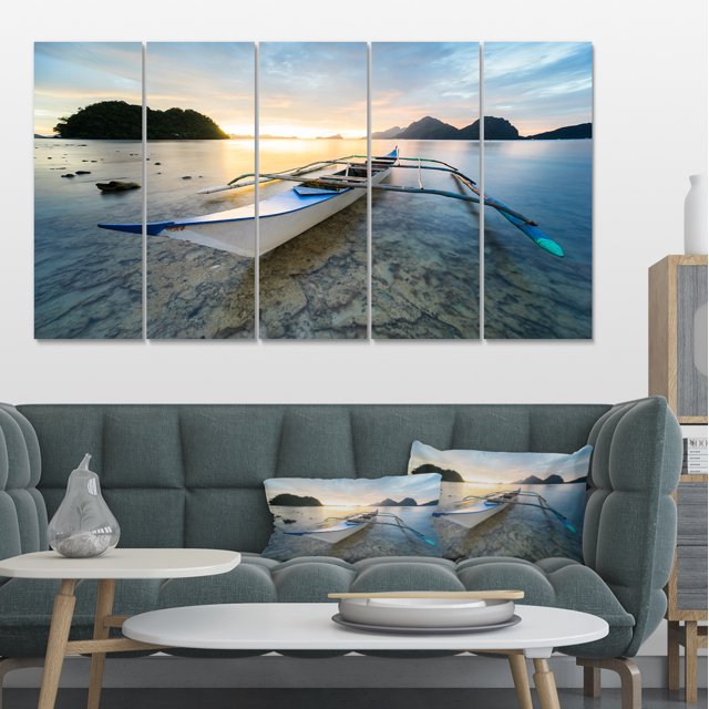 Boat Docked at Beautiful Sunset - Seashore Canvas Art Print