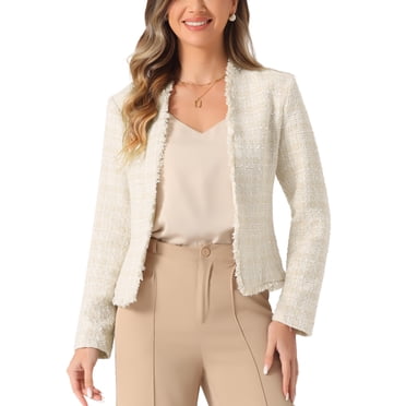 INSPIRE CHIC Plaid Tweed Blazer for Women's Long Sleeve Open Front Work Office Jacket S Beige