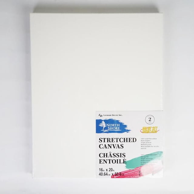North Shore 16X20" Canvas featuring two triple primed 100% cotton canvases stretched on wood stretcher bars with a white gesso surface, ideal for acrylic, oil, or watercolor painting, labeled with size and brand in English and French.