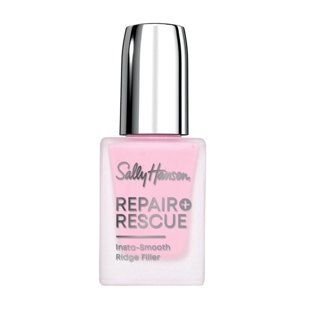 Sally Hansen Repair + Rescue Insta-Smooth Ridge Filler nail Apprêt et Couche de base dans une Bouteille Carrée Givrée avec un Bouchon Argenté, Contenant un Traitement Lissant Rose Formulé pour Hydrater et Remplir les Ridules des Ongles pour un Style Soigné.