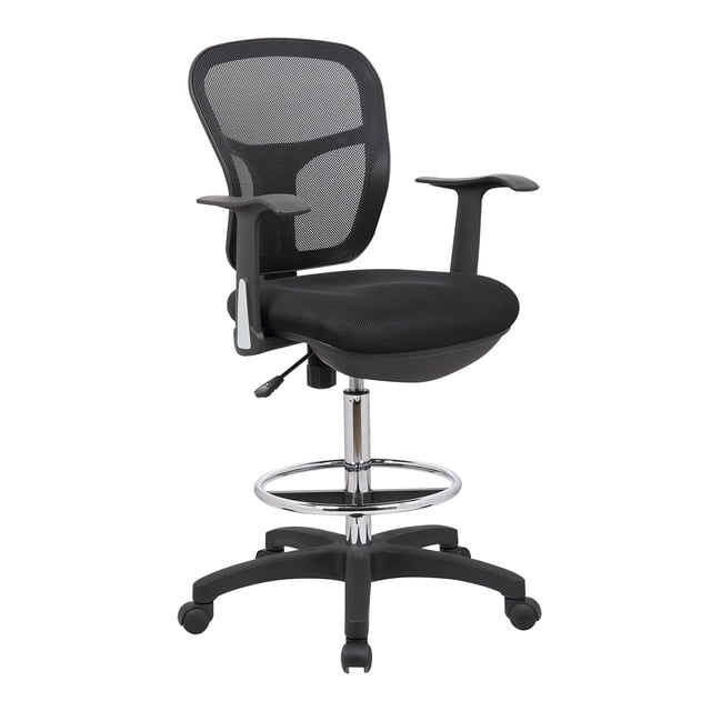 Office Factor Drafting Chair with Foot Ring, Mesh Back Drafting Clerk Stool, Adjustable Height, and Removable Arms. Features a black ergonomic mesh back for cooling airflow, a cushioned seat, and a five-star base with a chrome foot ring for stability. Includes adjustable gas lift for height customization from 24 to 35 inches and smooth-rolling PU casters. Suitable for office, home, or versatile use as a bar or kitchen stool.