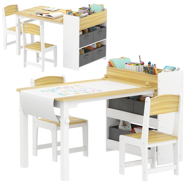 Qaba Ensemble Table et Chaise pour Enfants avec Rouleau de Papier, Table d'Artisanat, Bois Naturel