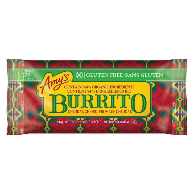 Amy's Burrito cheddar cheese gluten free frozen tortilla package with 84% organic ingredients, red and green Mexican-inspired patterned wrapper, 156g weight, no GMOs, bilingual English and French text, suitable for quick organic frozen Mexican meals.
