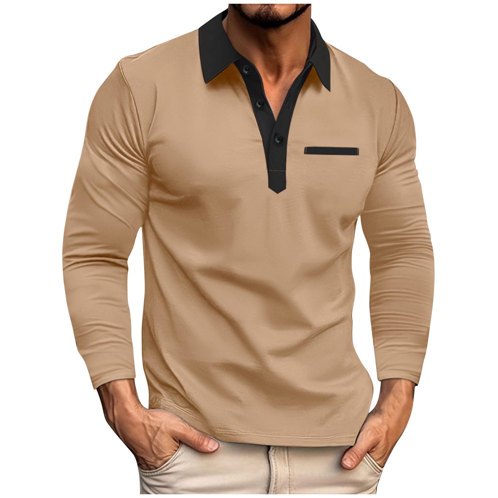 Cameland Mens Casual Front Buttons T Shirts Long Sleeve Lapel Neck Tops Work Solid Color Pullover Shirt