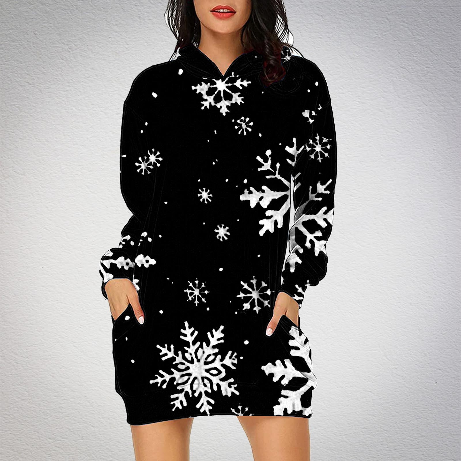Jsaierl Womens Christmas Hoodie Funny Glitter Snowflake Long Sleeve Sweatshirt Dress Cute Xmas Holiday Outfits for Women 2024