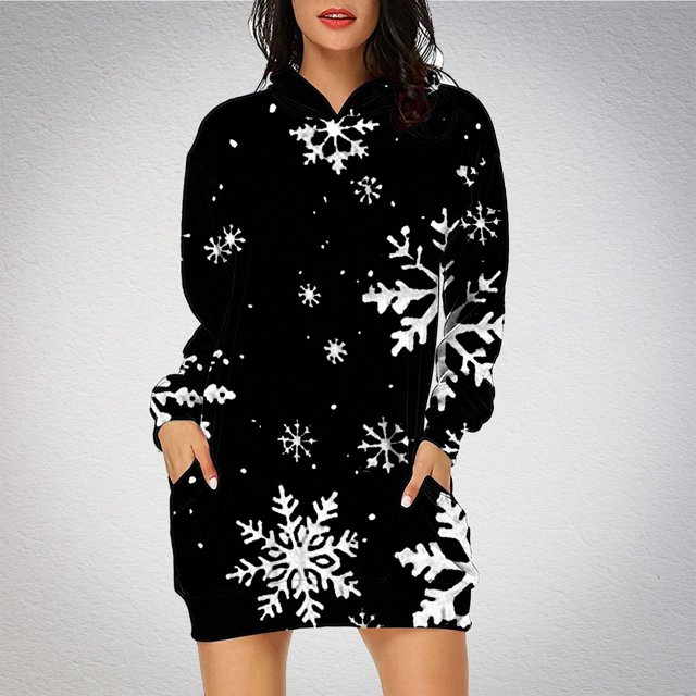 Jsaierl Chandail à Capuchon de Noël pour Femmes, Drôle, Flocon de Neige Scintillant, Robe Chandail à Manches Longues, Tenue Mignonne de Noël pour Femmes 2024