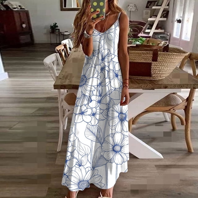 LSLJS Robes d'Été pour Femmes à Imprimé Sans Manches à Col Rond Robe Décontractée, Robe d'Été Robes de Plage d'Été