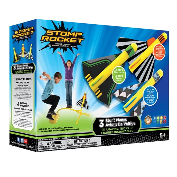 Stomp Rocket Stunt Planes, Airplane Launcher for Kids, includes 3 Foam Planes that Perform Different Tricks and Adjustable Launch Stand, Ages 5 and up