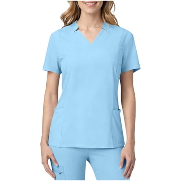 FRSASU Nursing Scrubs Womens Workwear Short Sleeve V Neck Holiday Stretch Medical Uniforms Tops with Pockets Light Blue S(S)