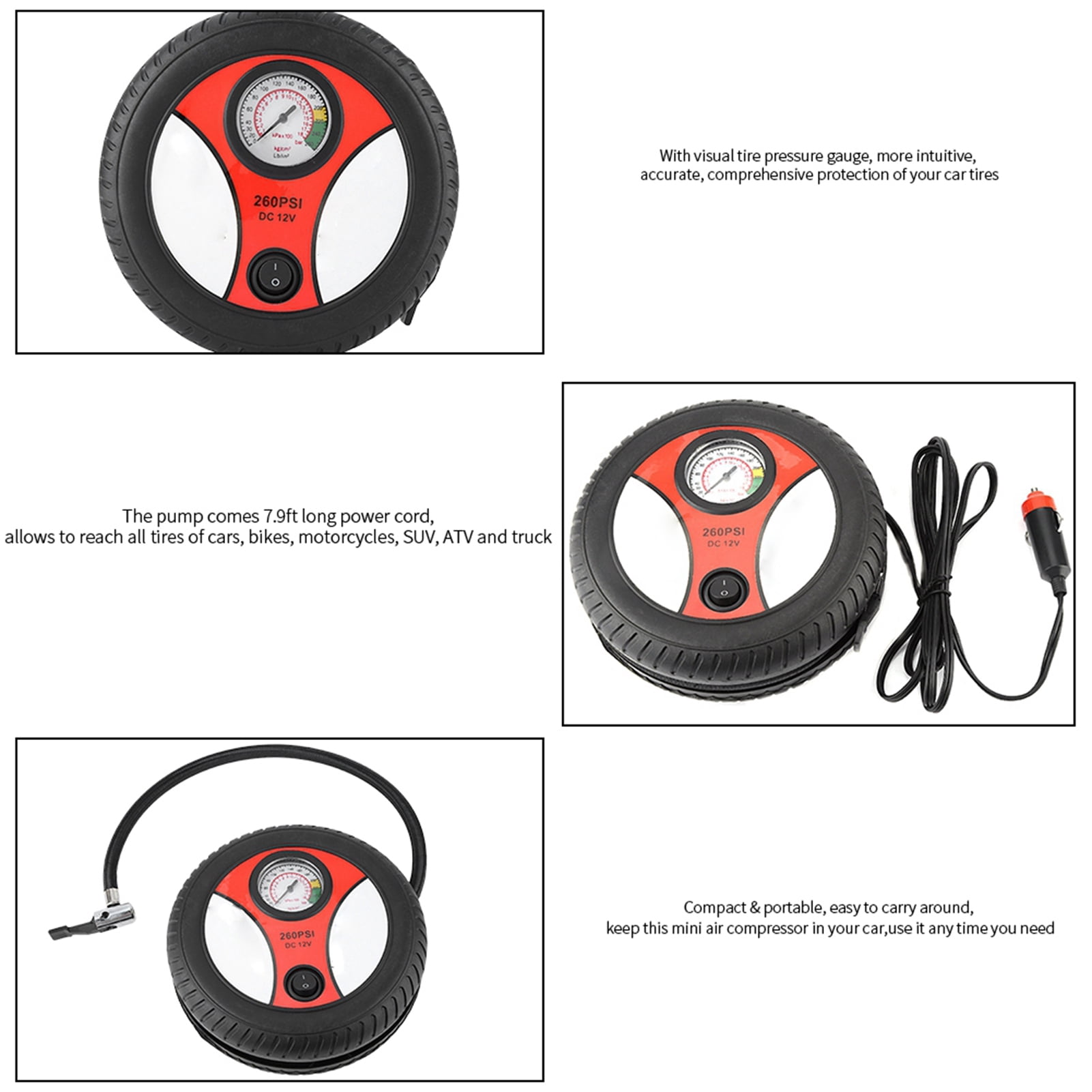 Portable Car Air Compressor Tire Inflator with Visual Gauge for Cars, Bikes, Motorcycles - Fast Inflating