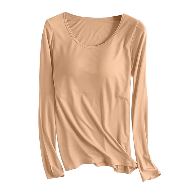 AherBiu Hauts Grande Taille pour Femmes Automne Manches Longues Haut de Pyjama Doux avec Soutien-Gorge Intégré Col Ras du Cou T-Shirts de Pyjama Confortables