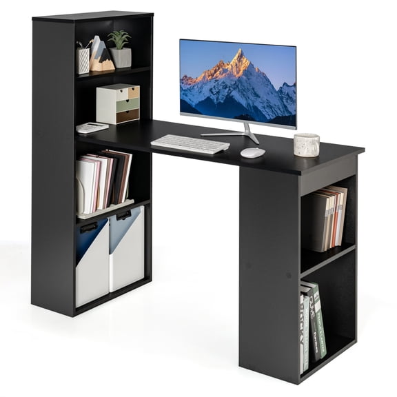 Patiojoy 48 Inch Computer Desk with Bookshelf 3-in-1 Home office Desk with 4-Tier Bookcase & CPU Stand Space-saving Reversible Writing Desk Black
