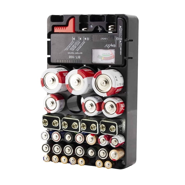 Battery Organizer & Universal Battery Tester for household batteries, featuring slots for AA, AAA, C, D, 9V, and 1.5V button batteries. The black organizer includes a built-in battery tester with a slider for adjustable sizing, allowing users to test alkaline, dry cell, and rechargeable batteries. Compact and portable design suitable for desk drawers.