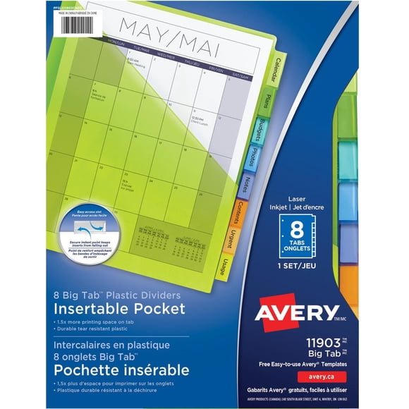 Avery Intercalaires en plastique Pochette Insérables Big Tab, pour imprimantes à laser ou jet d'encre, 9¼" x 11⅛", 8 onglets - 11903