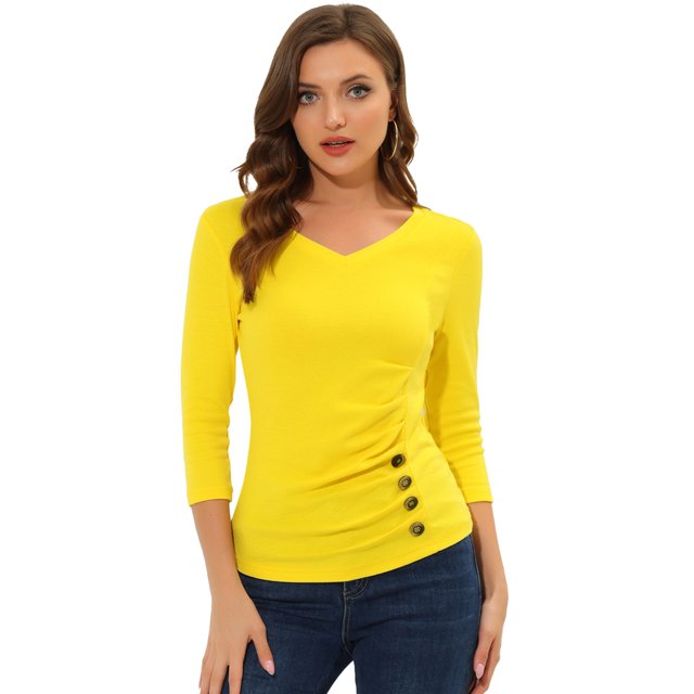 INSPIRE CHIC Women's Button Decor V Neck 3/4 Sleeve Ruch Top Lemon Yellow L