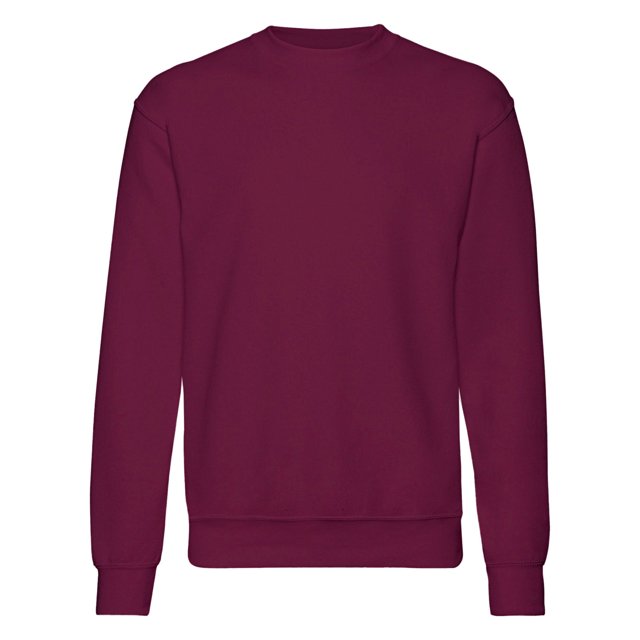 Fruit Of The Loom Mens Set-In Belcoro® Yarn Sweatshirt in a solid maroon color. Made from 80% cotton Belcoro yarn and 20% polyester, this sweatshirt features twin needle stitching, self-colored jersey shoulder-to-shoulder tape for added comfort, and a 100% cotton facing for durability. Designed for casual wear, it is available in sizes S to 3XL, with 3XL offered in select colors. The fabric weight is 280g/m².