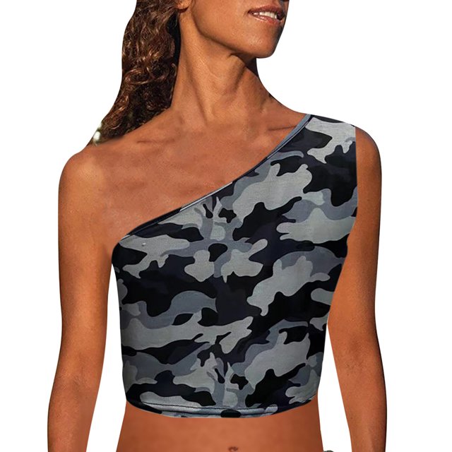 Leutsin Womens Print Tank Crop Tops Sleeveless One Shoulder Shirt Summer Charming Tees