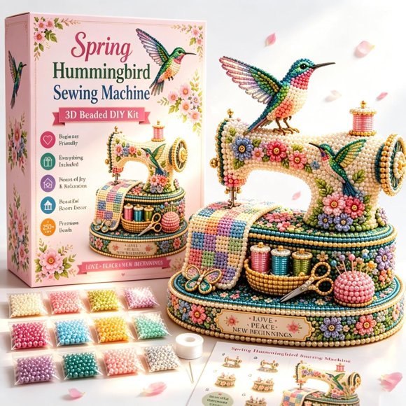 Rongyun Machine à Coudre Colibri de Printemps Kit Bricolage Perlé 3D, Édition de Collection Limitée Souvenir d'Art Diamant pour Débutant, Cadeau de Décoration de Chambre de Couture Florale Vintage pour Maman et Amateurs d'Artisanat