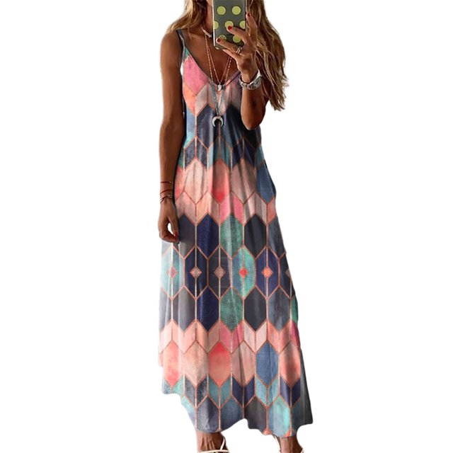 Nouveau Décontractée en Vrac Géométrique Impression Fronde Jupe Grande Taille Veste Plage Longue Robe