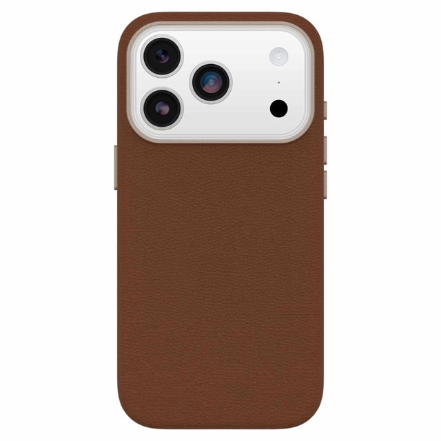 OtterBox Symmetry Cactus Leather MagSafe Case w/Camera Control Dessert Saddle (Brown) for iPhone 17 Pro with brown cactus-based leather texture, metal buttons, protective metal camera crown, precise cutouts for triple lenses, and built-in MagSafe magnets for secure attachment and drop protection in a slim design.