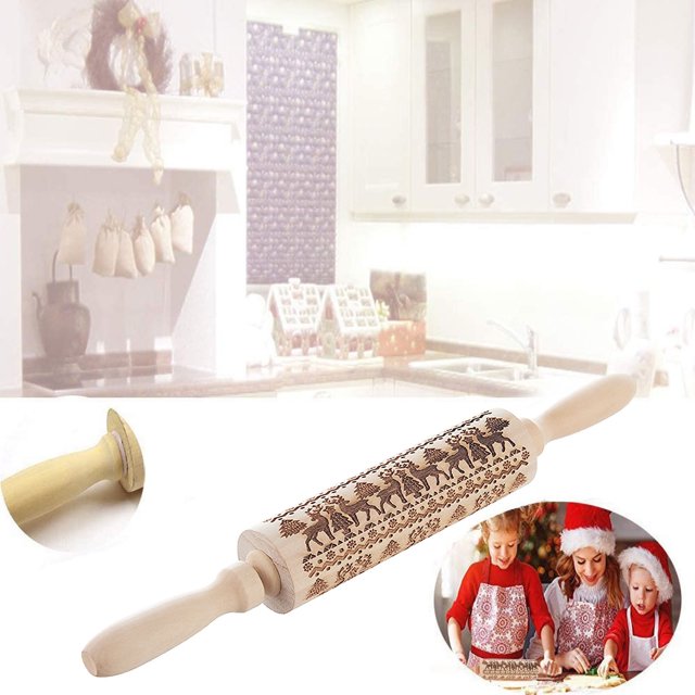 Yhmxh Kitchen Gadgets Kitchen Utensils Home and Kitchen Christmas Rolling Pin Engraved Carved Wood Embossed Rolling Pin Kitchen Tool Rolling Pin