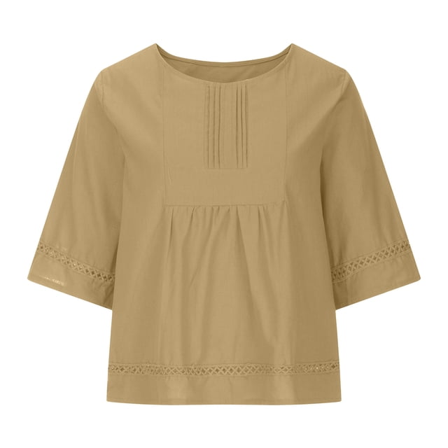 Hauts Boho pour Femmes Grande Taille Col Rond Manches Mi-Longues T-Shirts Plissés Mode Été Décontracté Tunique Ample Blouse