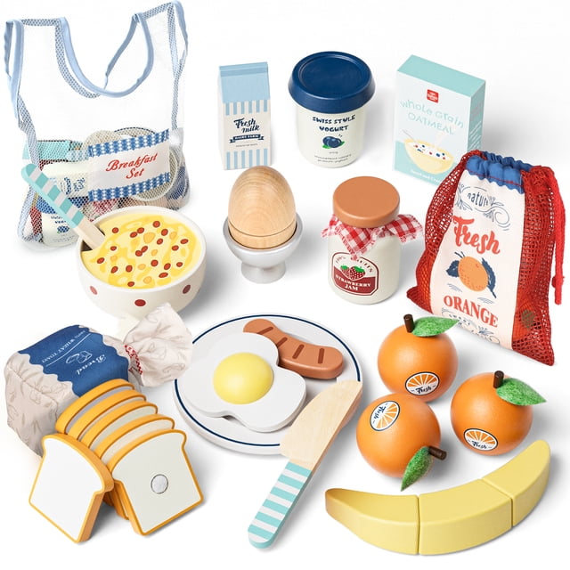 Play Food Sets, Kitchen Toys, Kitchen Set for Girls 3 Year, featuring a multicolour wooden pretend play breakfast set. Includes items like toast, fried egg, sausage, banana, oranges, yogurt, milk, oatmeal box, strawberry jam, and a mesh storage bag. Designed for kids aged 3 to 7 years, this set enhances imaginative play, hand-eye coordination, and food recognition. Made from eco-friendly wood with non-toxic paints and smooth edges.