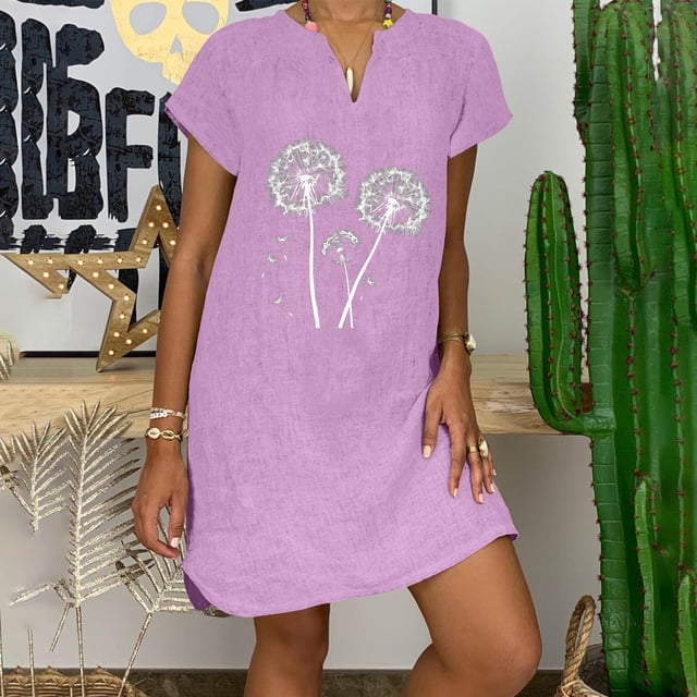 Ovzne Robes pour Femmes Robe de Plage Mode pour Femmes Ample Décontractée Col en V Manches Courtes Robes d'Été Robe de Vacances Manches Courtes Liquidation