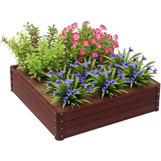 Outsunny 4' x 4' x 1' Galvanized Raised Garden Bed, Dark Brown Wood Effect