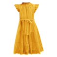 thumbnail image 5 of XIMIN Robe d'Été Décontractée Élégante à Col Rond pour Préadolescentes, Robe Quotidienne à Manches Courtes à Cap, Robe de Couleur Unie, Robe Formelle à Manches à Volants, Robes Trapèze avec Ceinture, Robe de Fête Évasée à Taille Haute, 5 of 5