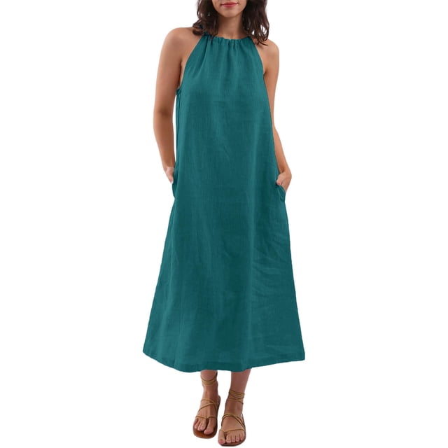 Kaemgyyd Robes à Col Licou pour Femmes Été Sans Manches Robe d'Été Décontractée Plage Vacances Fluide Boho Robe Midi avec Poches