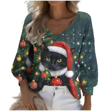 Lcziwo Chandails en Tricot Gaufré de Noël pour Femmes, Chemises Décontractées à Manches Longues, Coupe Ample, Col en V, Blouses Amples, T-Shirts d'Automne à Imprimé de Chat Mignon 2025 Multicolore, TG