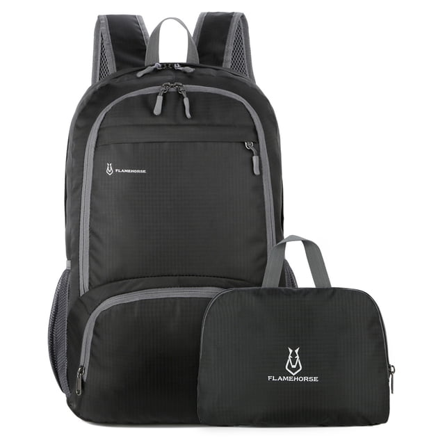 Lightweight Foldable Backpack for men and women in black, made of ripstop nylon fabric. Features a spacious main compartment with a laptop pocket, three zippered front pockets, and two mesh side pockets for water bottles or umbrellas. Adjustable, breathable mesh shoulder straps ensure comfort. The backpack is water-resistant and folds into a compact size for easy storage, ideal for travel, hiking, camping, and cycling.