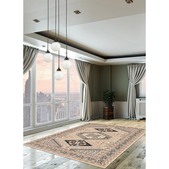 ECARPET Qashqai Ivory Rug featuring Persian tribal patterns in ivory, beige, and black, laid on light hardwood flooring in a modern room with large windows showing a city skyline. The rug's cool modern hues complement neutral curtains and a potted plant, ideal for enhancing contemporary interiors.