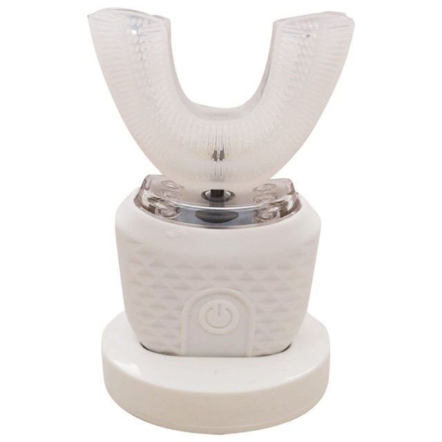 pstuiky Electric U-shaped Tooth Cleaner Whitening Device featuring a white U-shaped toothbrush head made of food-grade material, mounted on a textured base with a power button. Designed for ultrasonic cleaning and whitening with 48000rpm vibration speed, nano blue light, and USB charging. Includes three modes: gentle cleaning, powerful cleaning, and massage. Suitable for deep, hands-free oral care.