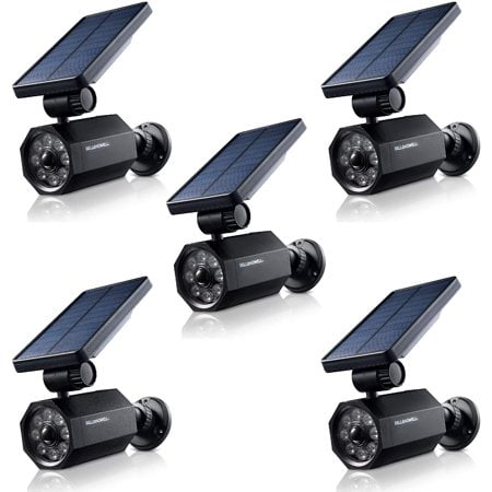 Bell + Howell Bionic Spotlight Solar Spot 25 Feet Motion Sensor, Sun Panels, Waterproof Frost Resistant Patio, Yard and Outdoor Lighting - 5Pk Black. A set of five black solar-powered spotlights with integrated motion sensors and sun panels. Each light features eight high-intensity LEDs capable of illuminating up to 600 square feet. Designed for outdoor use, these lights are waterproof, frost-resistant, and durable year-round. Ideal for patios, yards, and other outdoor spaces.