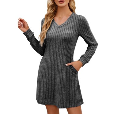 cfhntfmh Robes d'Invitée de Mariage pour Femmes Mode Col en V Manches Longues Robe Décontractée Automne Ample en Tricot Côtelé Robe Mini avec Poches