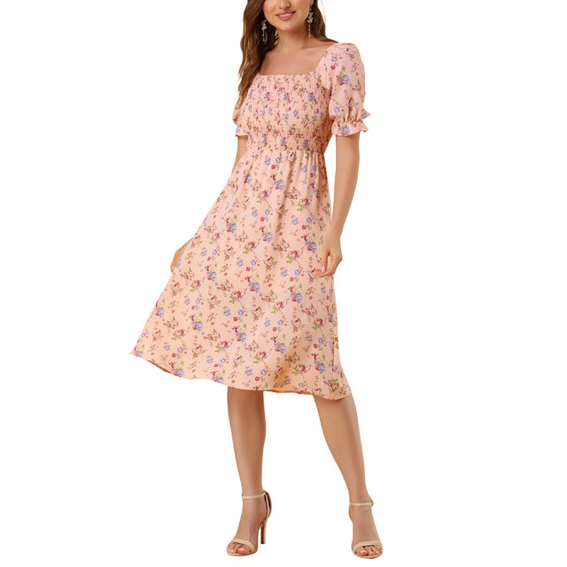 INSPIRE CHIC Robe pour Femme Smockée à Fleurs à Encolure Carrée Manches Courtes Bouffantes Printemps Été Robes Midi Rose m