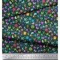 thumbnail image 2 of Soimoi Green Silk Fabric Insect,Sun & Cartoon Alphabets Text Print Fabric by The Yard 42 Inch Wide, 2 of 3