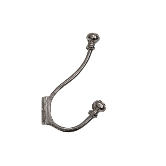 Classic Double Iron Wall Hook (Nickel) - Set of 2, durable metal hooks with a nickel finish and two curved arms topped with rounded finials, measuring 1.25 L × 3.25 W × 5.5 L inches, ideal for hanging towels and clothes in bathrooms or closets.