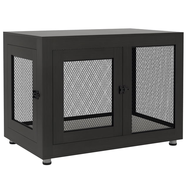 PawHut Pet Crate Table d'Appoint avec Coussin Résistant à l'Eau en Noir, Présentant un design à Double Usage comme Cage pour Chien et Table d'Appoint. Fabriquée en Acier et Panneau de Particules, Elle Comprend Deux Portes en Treillis pour un Accès Facile et une Visibilité, un Coussin en Mousse Souple avec une Housse Lavable, et un Dessus Robuste pour une Fonctionnalité Accrue. Convient aux Grands Chiens jusqu'à 66 Lb. Dimensions : 37 Pouces de large, 23,6 Pouces de Profondeur et 28,1 Pouces de Hauteur.