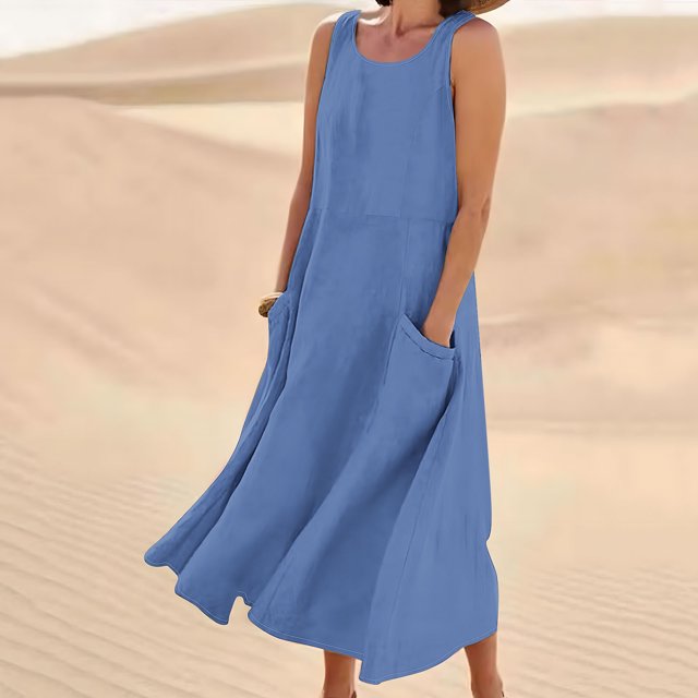 Jsaierl Robes d'Été pour Femmes 2024 Décontractées Boho Robe Soleil Col Rond Sans Manches Plage Vacances Robes Maxi avec Poches