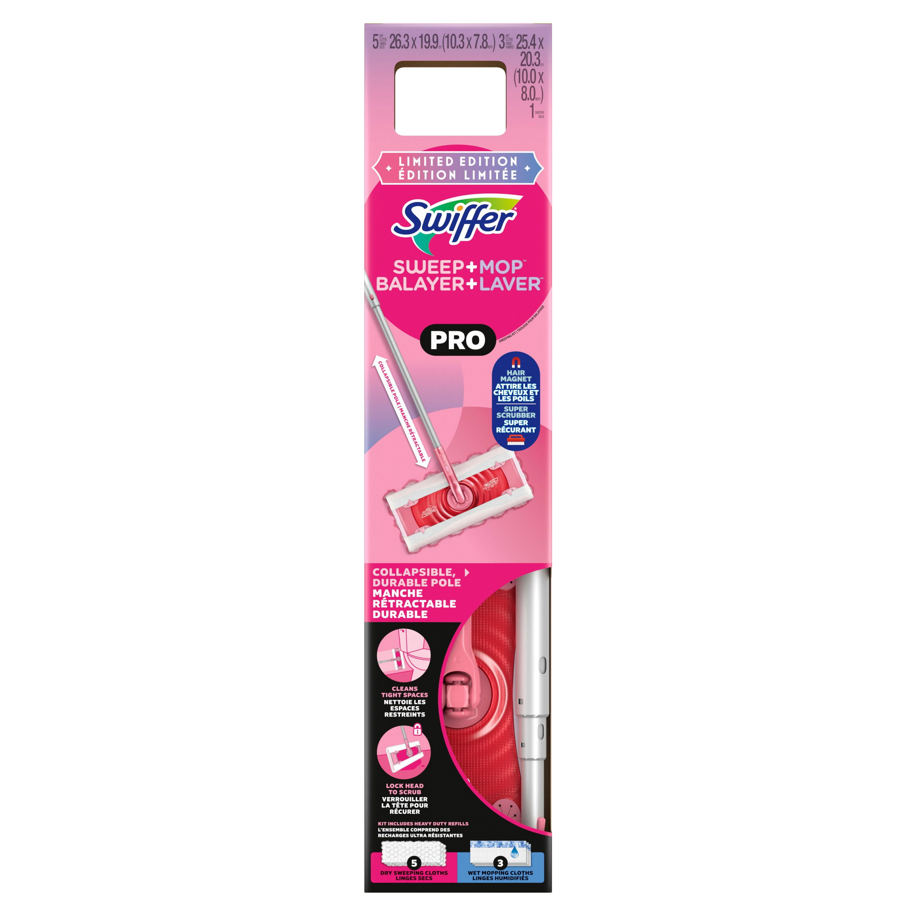 Swiffer Balayer et laver Pro, MÉCHANT SÉRIE Rose LIMITÉE, trousse pour balayage et de lavage 2 en 1 pour les planchers, trousse de nettoyage multi-surfaces, la trousse comprend 1 balai, 5 linges secs